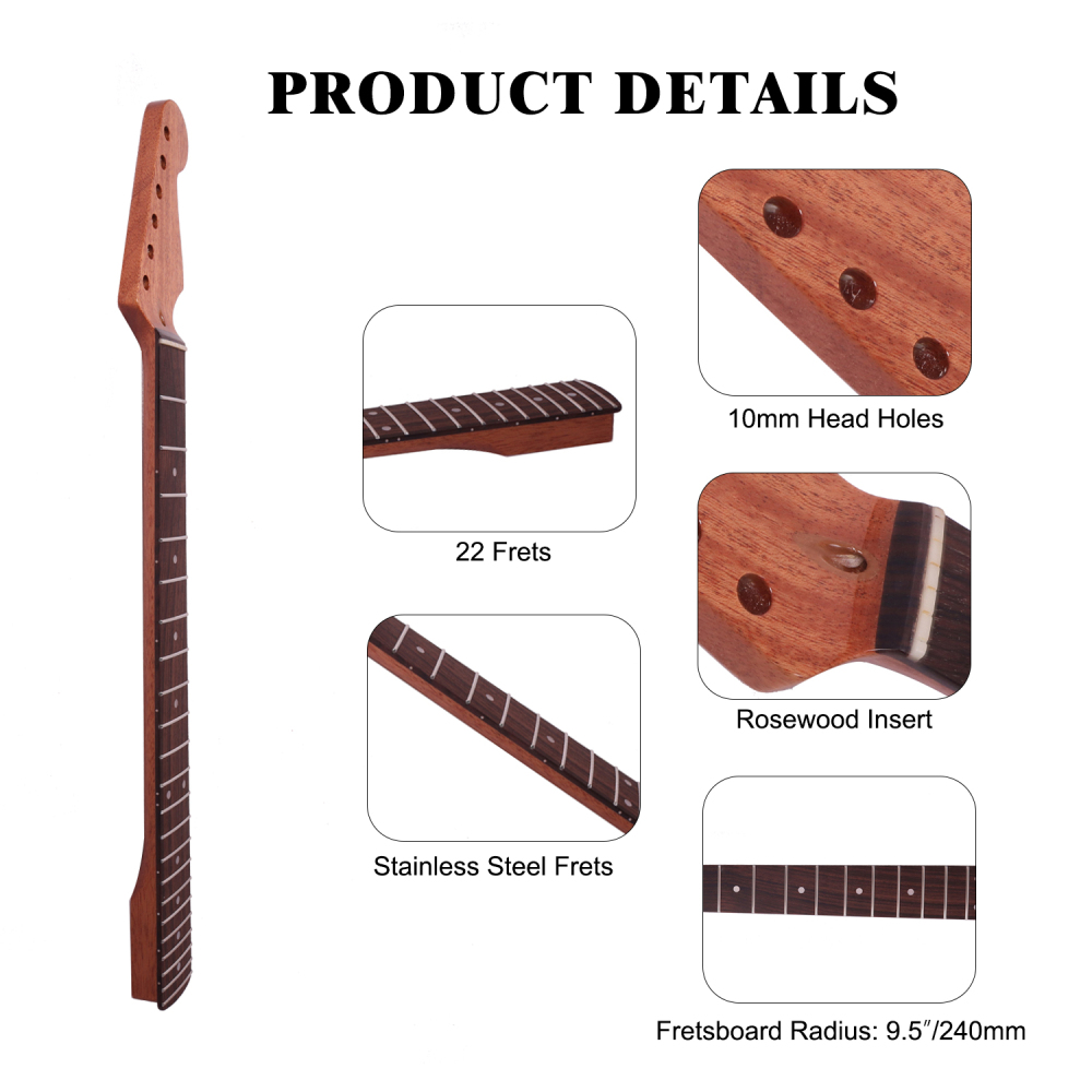 Stratocaster Guitar Neck Rosewood Fretboard Congolese Mahogany Neck 9.5" Radius 10 mm Holes 22 Frets Gloss Finish