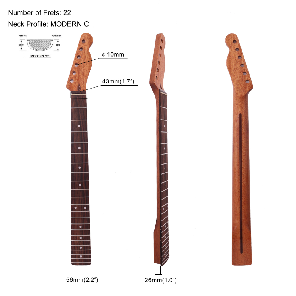 Telecaster  Guitar Neck Rosewood Fretboard Congolese Mahogany Neck 9.5" Radius 10 mm Holes 22 Frets Gloss Finish