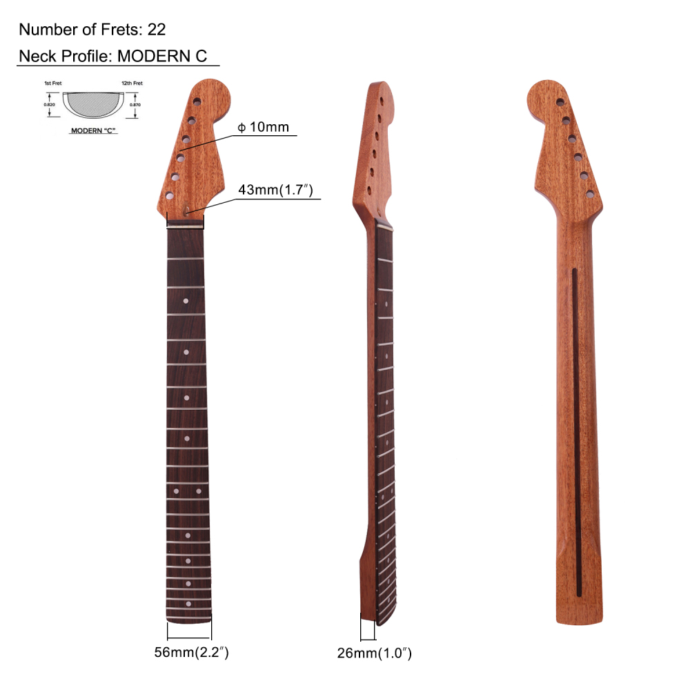 Stratocaster Guitar Neck Rosewood Fretboard Congolese Mahogany Neck 9.5" Radius 10 mm Holes 22 Frets Gloss Finish