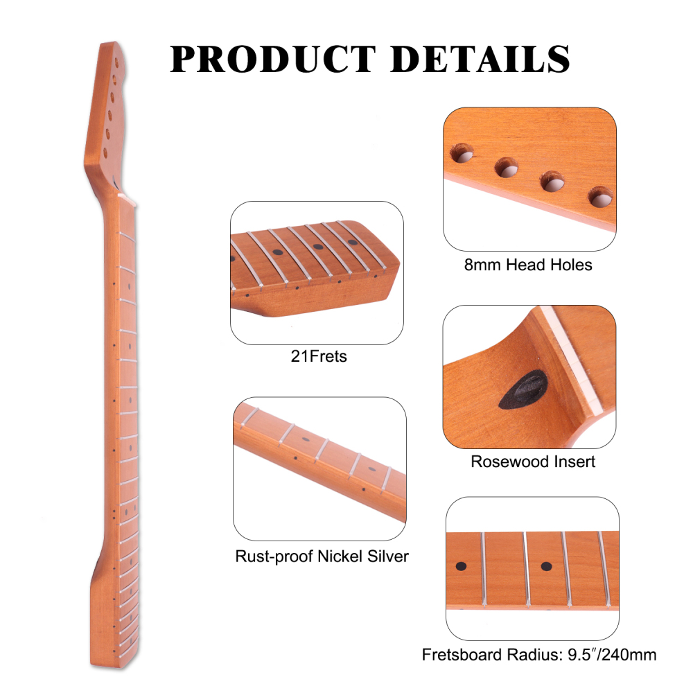 Telecaster Guitar Neck Roasted Maple Neck 9.5" Radius 8 mm Holes 21 Frets Satin Finish