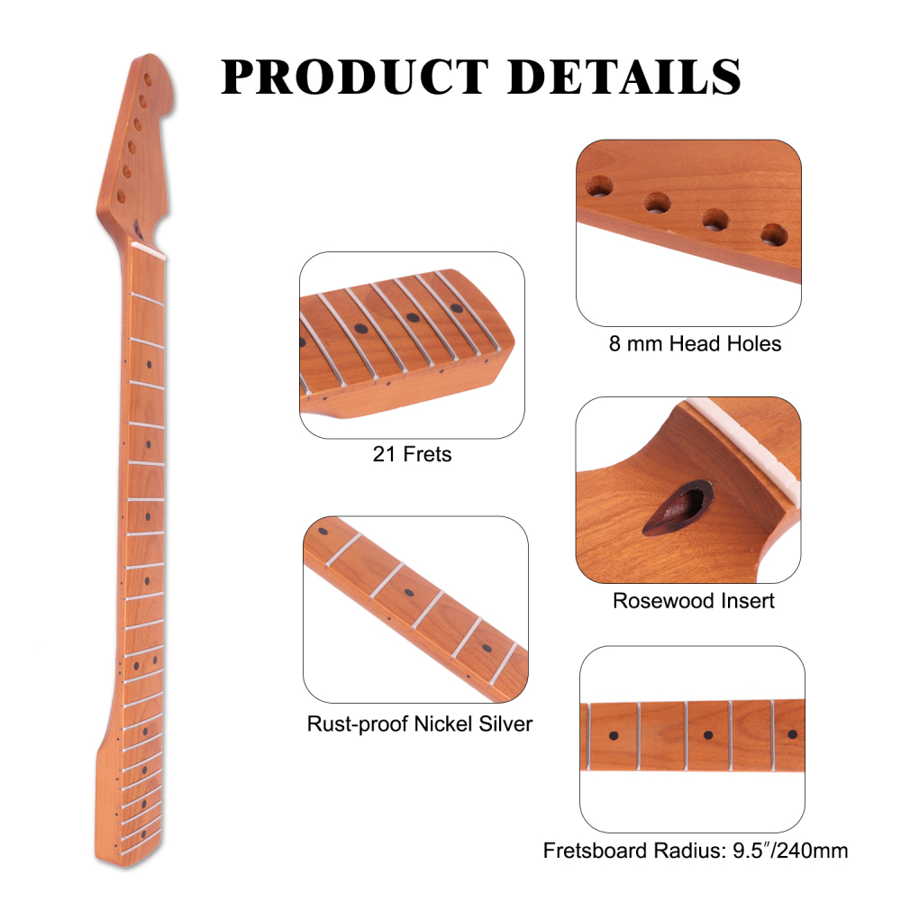 Stratocaster Guitar Neck Roasted Maple Neck 9.5" Radius 8 mm Holes 21 Frets Satin Finish