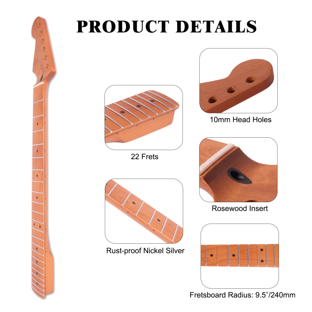 Left-handed Stratocaster Guitar Neck Roasted Maple Neck 9.5" Radius 10 mm Holes 22 Frets Satin Finish