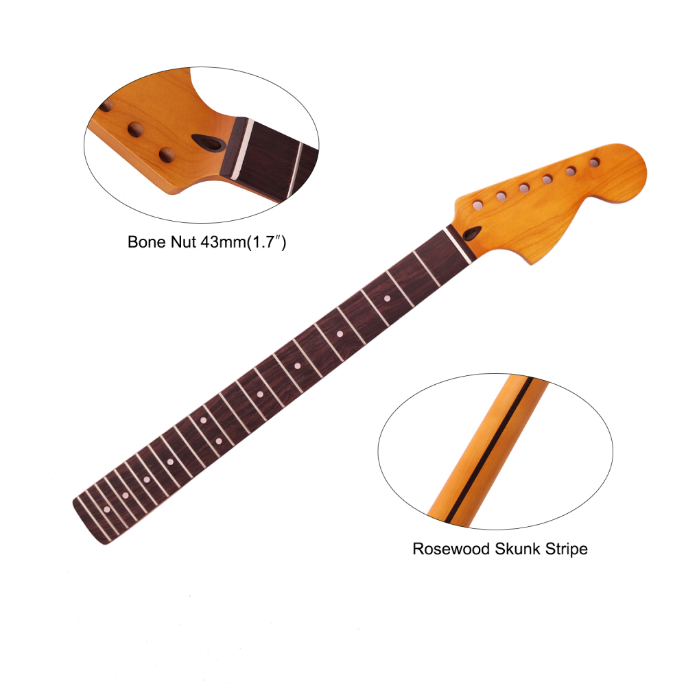 Mustang / Jaguar Guitar Neck 24" Scale Length Rosewood Fretboard Maple Neck 12" Radius 10mm Holes 22 Frets Satin Finish