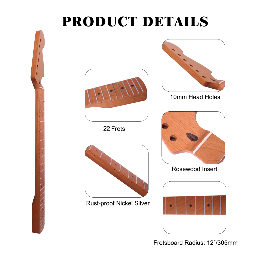 Mustang / Jaguar Guitar Neck 24" Scale Length Roasted Maple Neck 12" Radius 10 mm Holes 22 Frets Satin Finish
