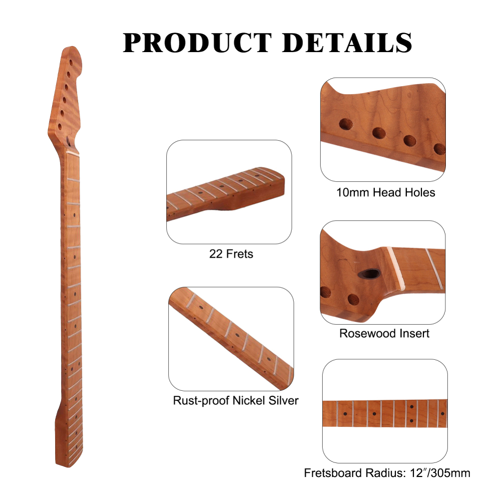 【Conversion】Baritone Neck 28" Scale Length Stratocaster Guitar Neck AAAAA Roasted Canadian Flame Maple Fretboard 12" Radius 10 mm Holes 22 Frets Satin Finish Master Build