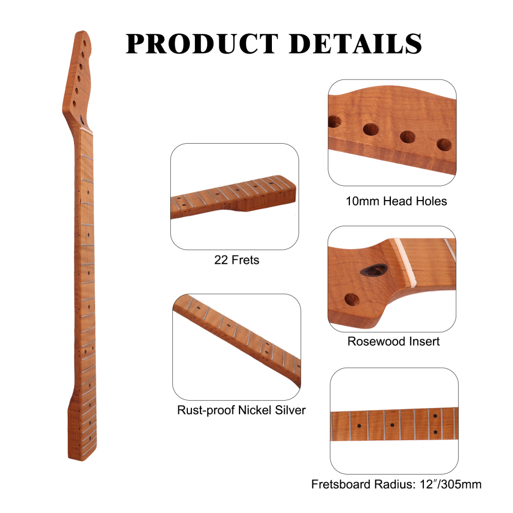 【Conversion】Baritone Neck 28" Scale Length Telecaster Guitar Neck Guitar Neck AAAAA Roasted Canadian Flame Maple Fretboard 12" Radius 10 mm Holes 22 Frets Satin Finish