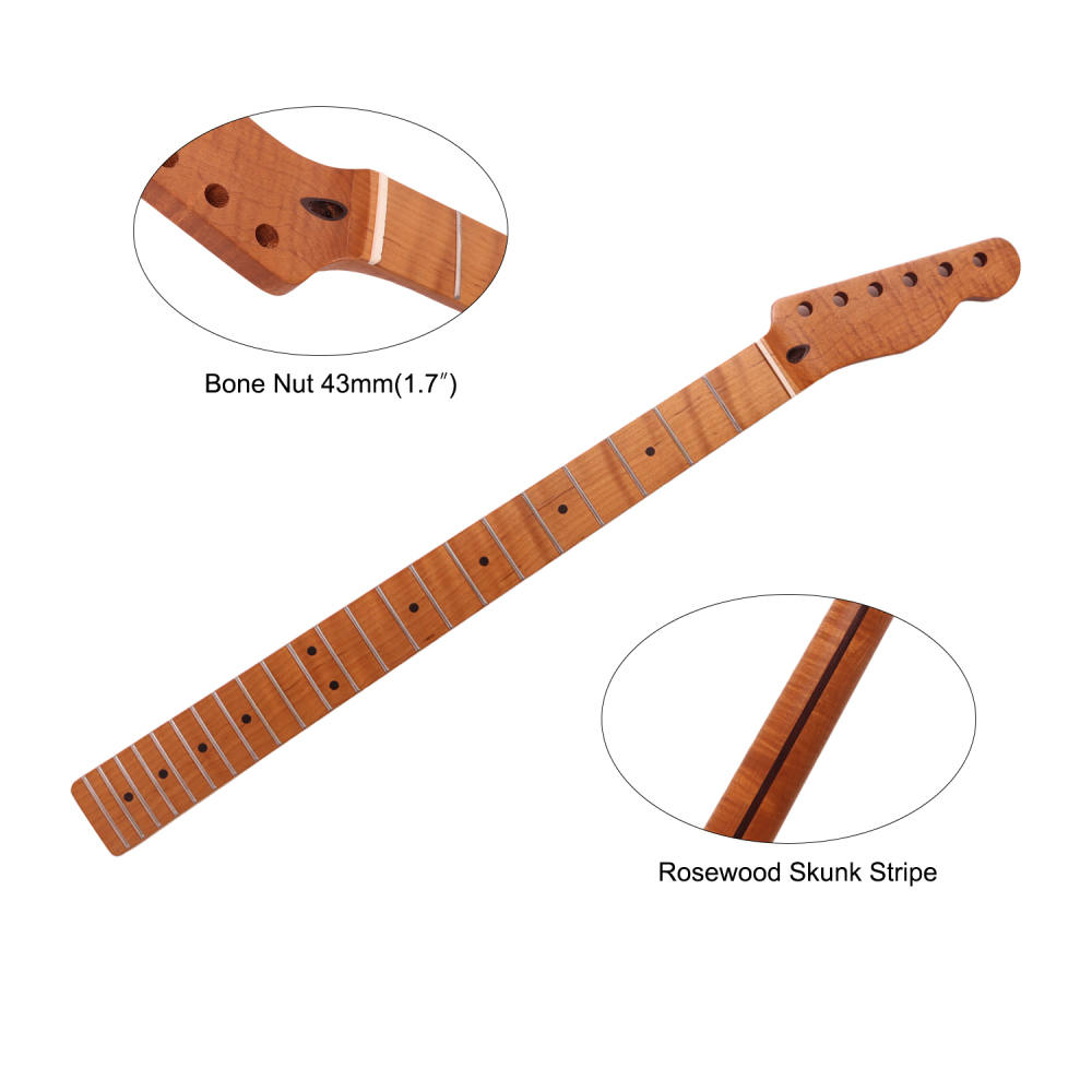 【Conversion】Baritone Neck 28" Scale Length Telecaster Guitar Neck Guitar Neck AAAAA Roasted Canadian Flame Maple Fretboard 12" Radius 10 mm Holes 22 Frets Satin Finish