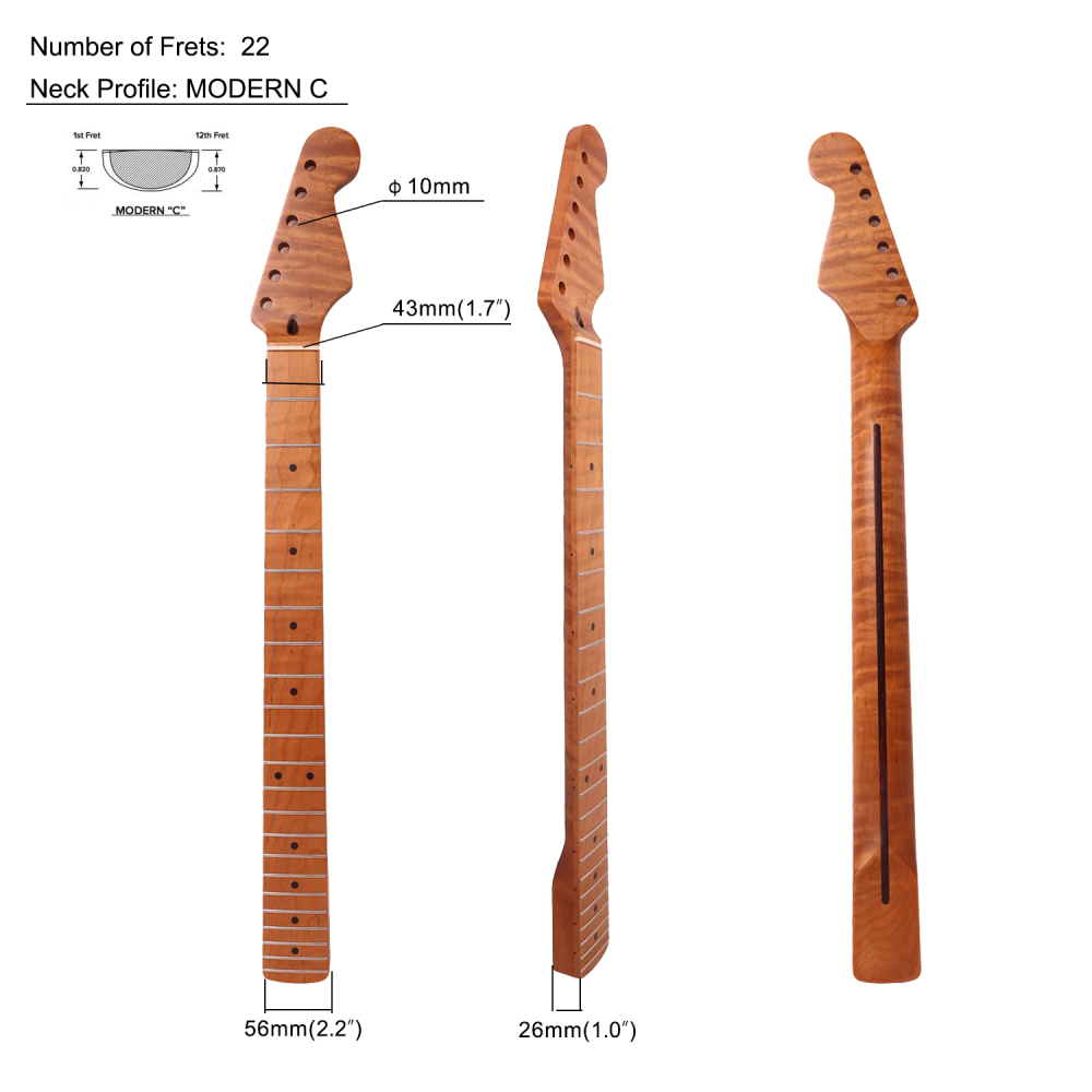 【Conversion】Baritone Neck 28" Scale Length Stratocaster Guitar Neck AAAAA Roasted Canadian Flame Maple Fretboard 12" Radius 10 mm Holes 22 Frets Satin Finish Master Build