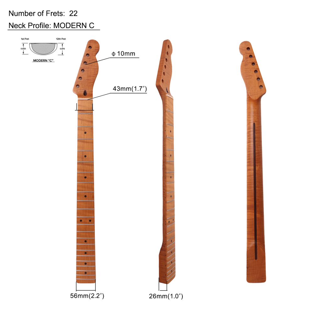 【Conversion】Baritone Neck 28" Scale Length Telecaster Guitar Neck Guitar Neck AAAAA Roasted Canadian Flame Maple Fretboard 12" Radius 10 mm Holes 22 Frets Satin Finish