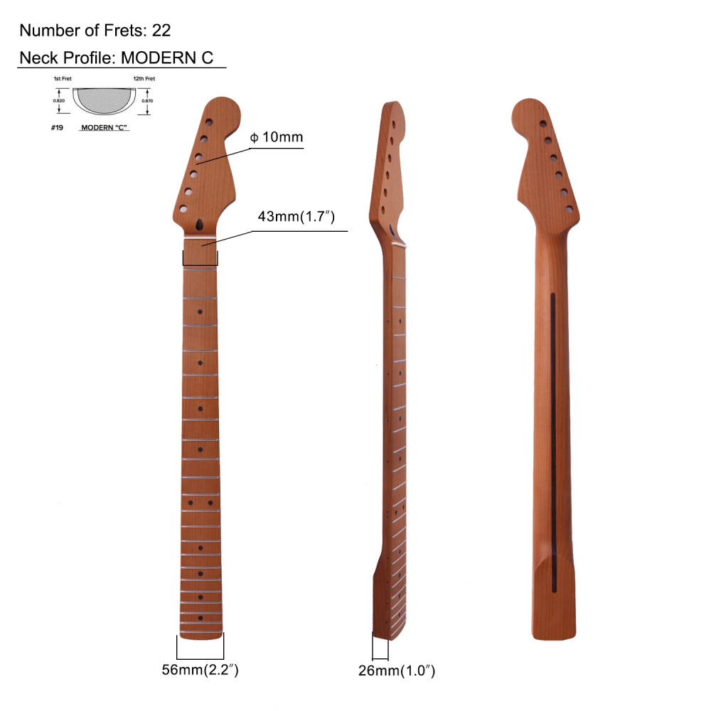 【Conversion】28" Scale Length Stratocaster Guitar Neck Roasted Maple Neck 12" Radius 10 mm Holes 22 Frets Satin Finish