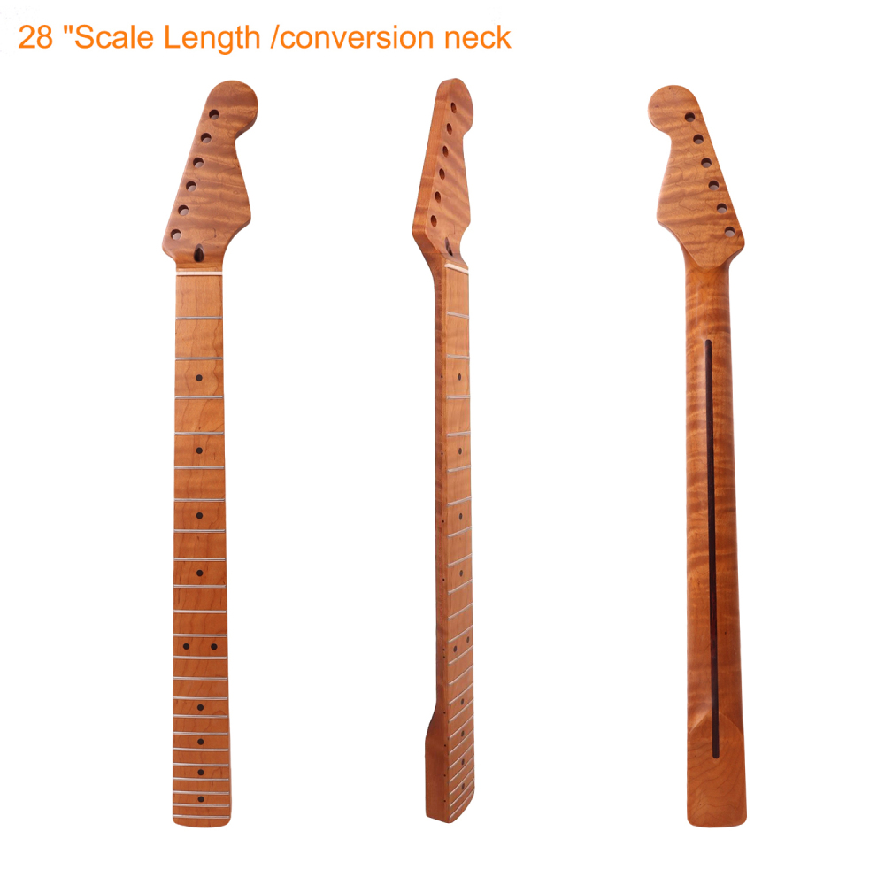 【Conversion】Baritone Neck 28" Scale Length Stratocaster Guitar Neck AAAAA Roasted Canadian Flame Maple Fretboard 12" Radius 10 mm Holes 22 Frets Satin Finish Master Build