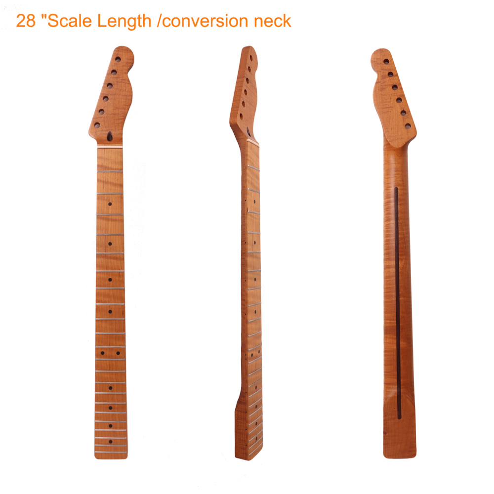 【Conversion】Baritone Neck 28" Scale Length Telecaster Guitar Neck Guitar Neck AAAAA Roasted Canadian Flame Maple Fretboard 12" Radius 10 mm Holes 22 Frets Satin Finish