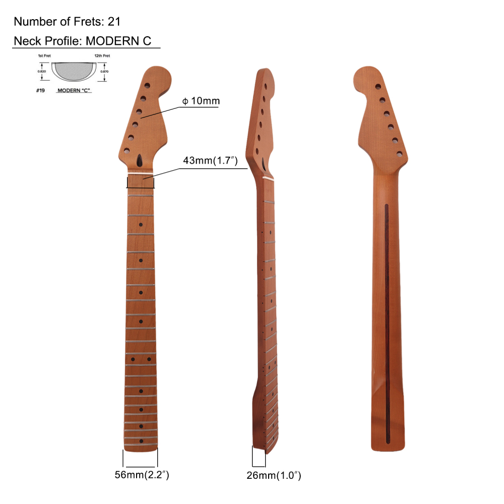 【Conversion】24.75" Scale Length Stratocaster Guitar Neck Roasted Maple Neck 12" Radius 10 mm Holes 21 Frets Satin Finish