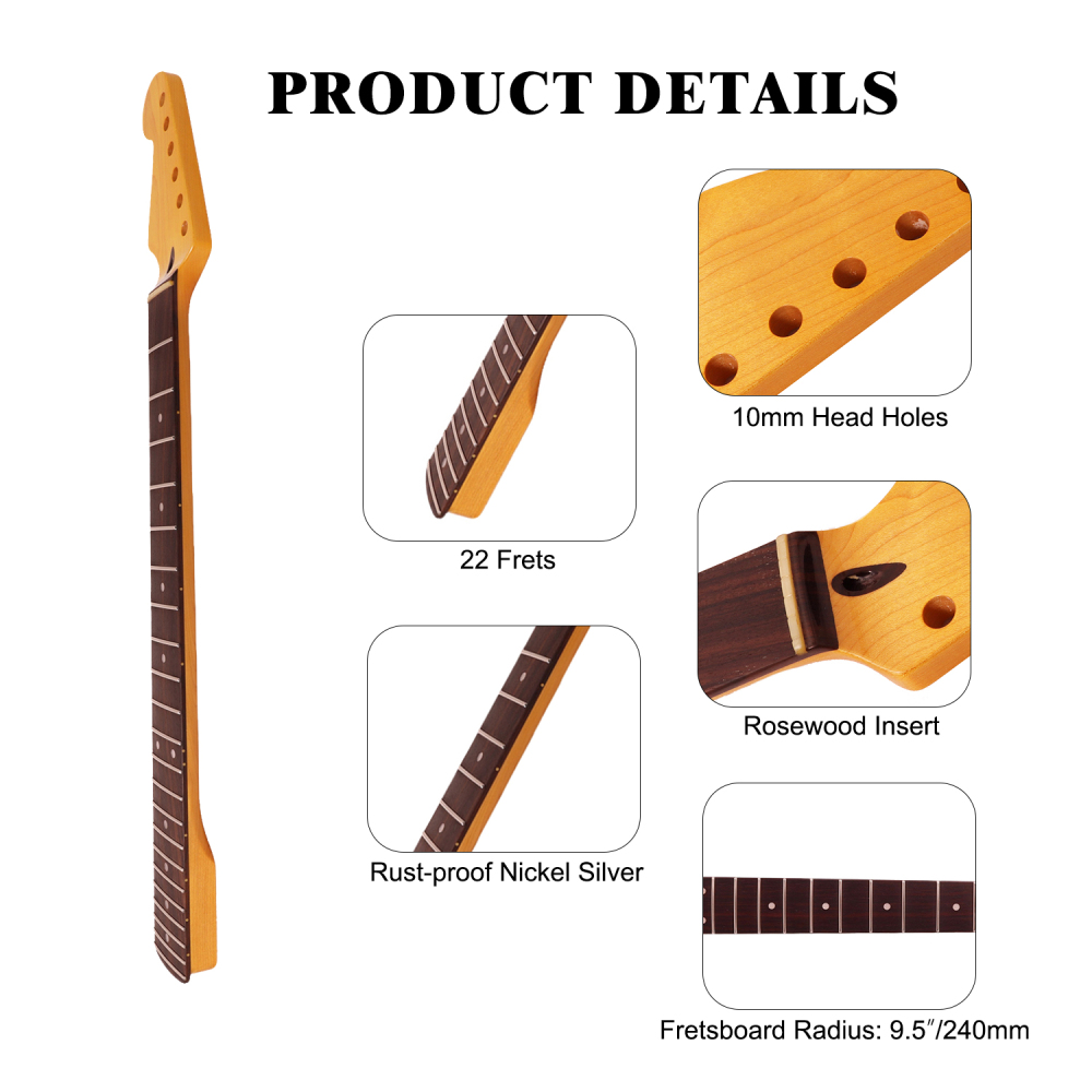 Left-handed Premium Stratocaster Guitar Neck Rosewood Fretboard Maple Neck 9.5" Radius 10 mm Holes 22 Frets Gloss Finish