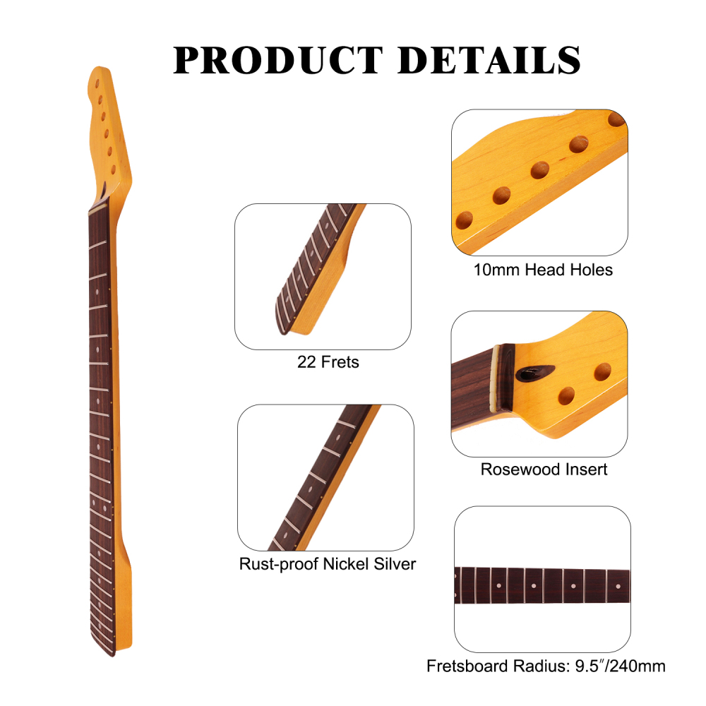 Left-handed Premium Telecaster Guitar Neck Rosewood Fretboard Maple Neck 9.5" Radius 10 mm Holes 22 Frets Gloss Finish