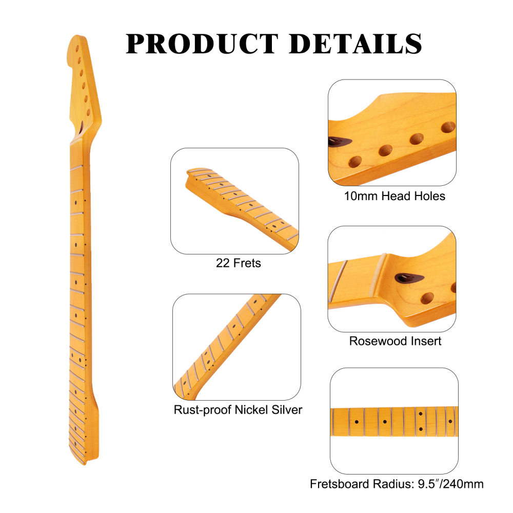 Left-handed Premium Stratocaster Guitar Neck Maple Neck 9.5" Radius 10 mm Holes 22 Frets Gloss Finish