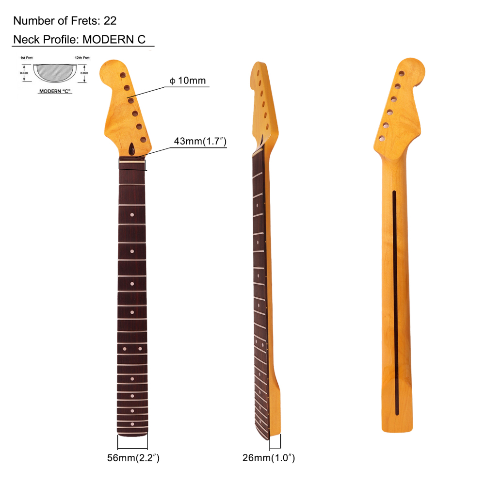 Left-handed Premium Stratocaster Guitar Neck Rosewood Fretboard Maple Neck 9.5" Radius 10 mm Holes 22 Frets Gloss Finish