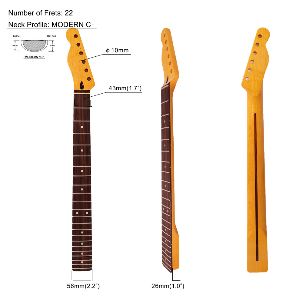 Left-handed Premium Telecaster Guitar Neck Rosewood Fretboard Maple Neck 9.5" Radius 10 mm Holes 22 Frets Gloss Finish
