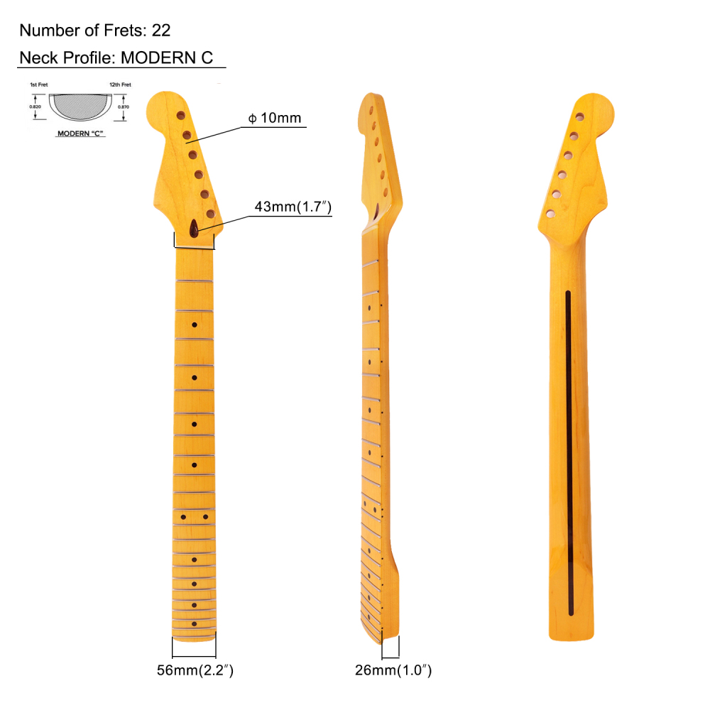 Left-handed Premium Stratocaster Guitar Neck Maple Neck 9.5" Radius 10 mm Holes 22 Frets Gloss Finish