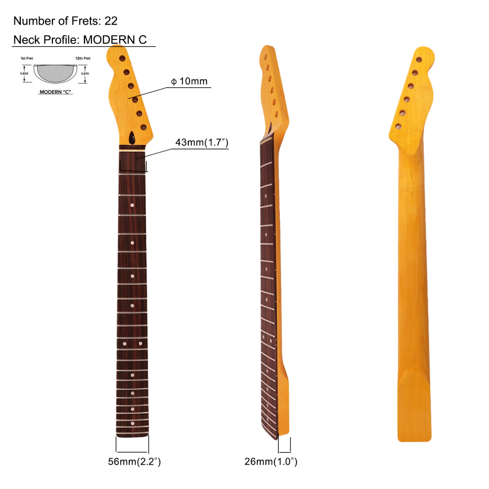 Left-handed Premium Telecaster Guitar Neck Rosewood Fretboard Maple Neck 9.5" Radius 10 mm Holes 22 Frets Gloss Finish without Skunk Stripe