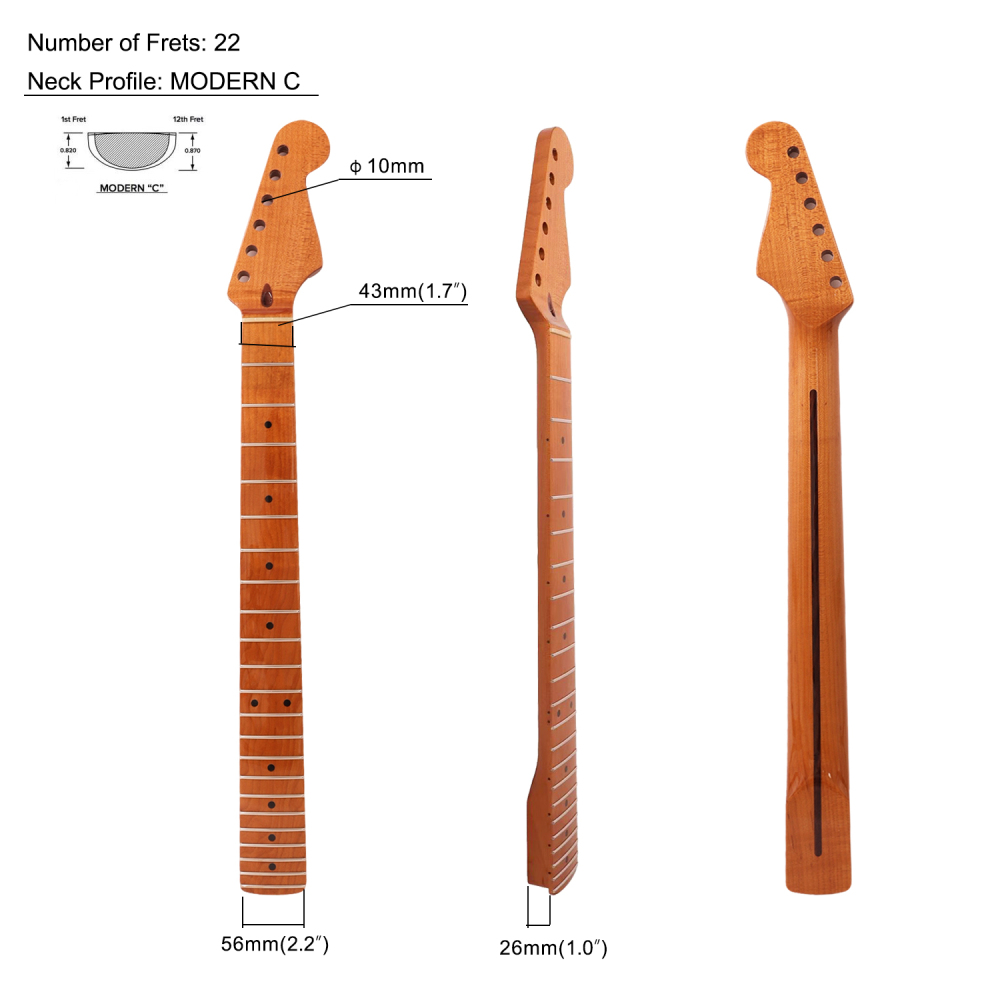 Premium Stratocaster Guitar Neck Roasted Maple Neck 9.5" Radius 10 mm Holes 22 Frets Gloss Finish