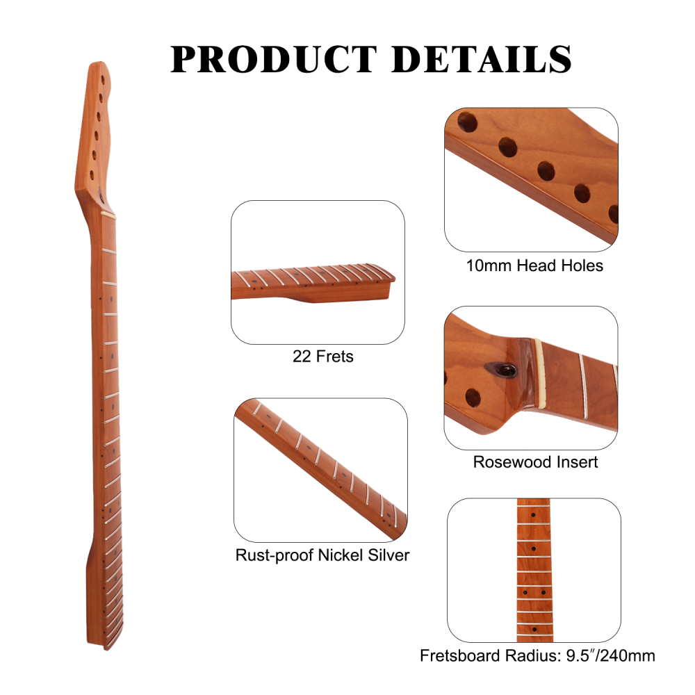 Premium Telecaster Guitar Neck Roasted Maple Neck 9.5" Radius 10 mm Holes 22 Frets Gloss Finish