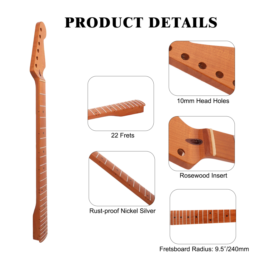 Premium Stratocaster Guitar Neck Roasted Maple Neck 9.5" Radius 10 mm Holes 22 Frets Gloss Finish