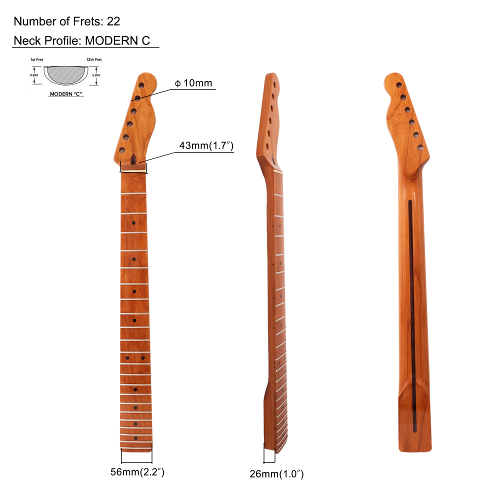 Premium Telecaster Guitar Neck Roasted Maple Neck 9.5" Radius 10 mm Holes 22 Frets Gloss Finish
