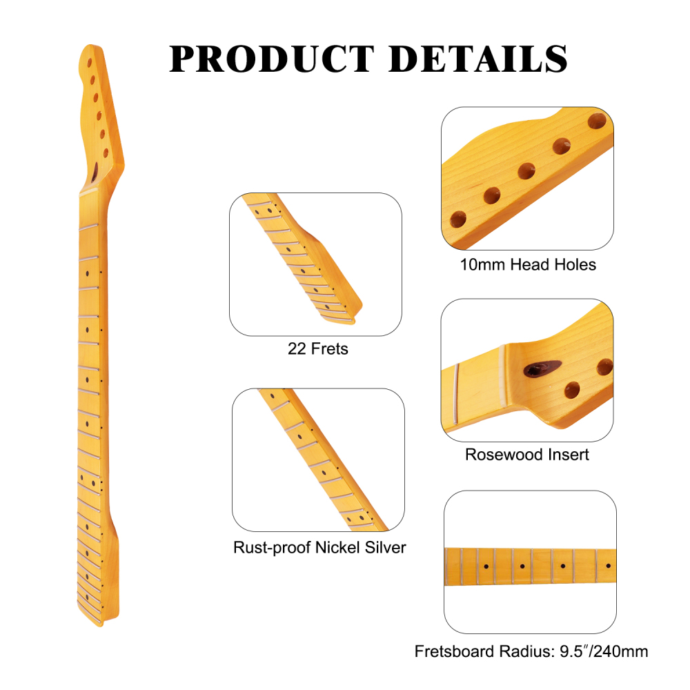 Left-handed Premium Telecaster Guitar Neck Maple Neck 9.5" Radius 10 mm Holes 22 Frets Gloss Finish
