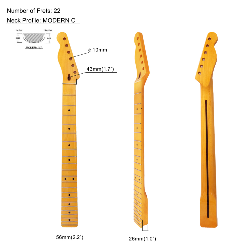 Left-handed Premium Telecaster Guitar Neck Maple Neck 9.5" Radius 10 mm Holes 22 Frets Gloss Finish