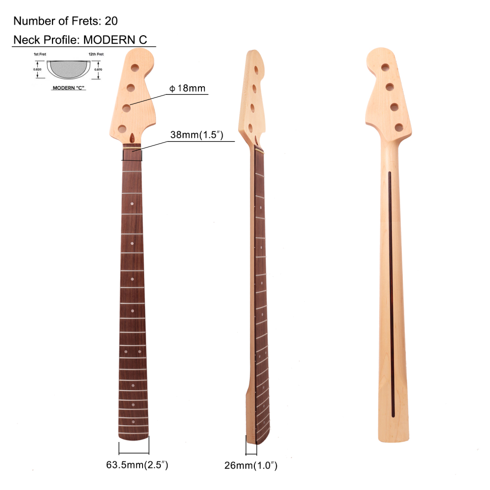 Premium 4 Strings Jazz Bass Guitar Neck Rosewood Fretboard Maple Neck 9.5" Radius 18 mm Holes 20 Frets Nature Satin Finish