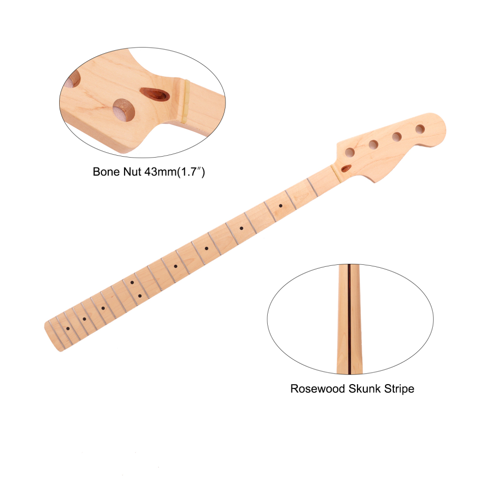Premium 4 Strings Jazz Bass Guitar Neck Maple Neck 9.5" Radius 18 mm Holes 20 Frets Nature Satin Finish