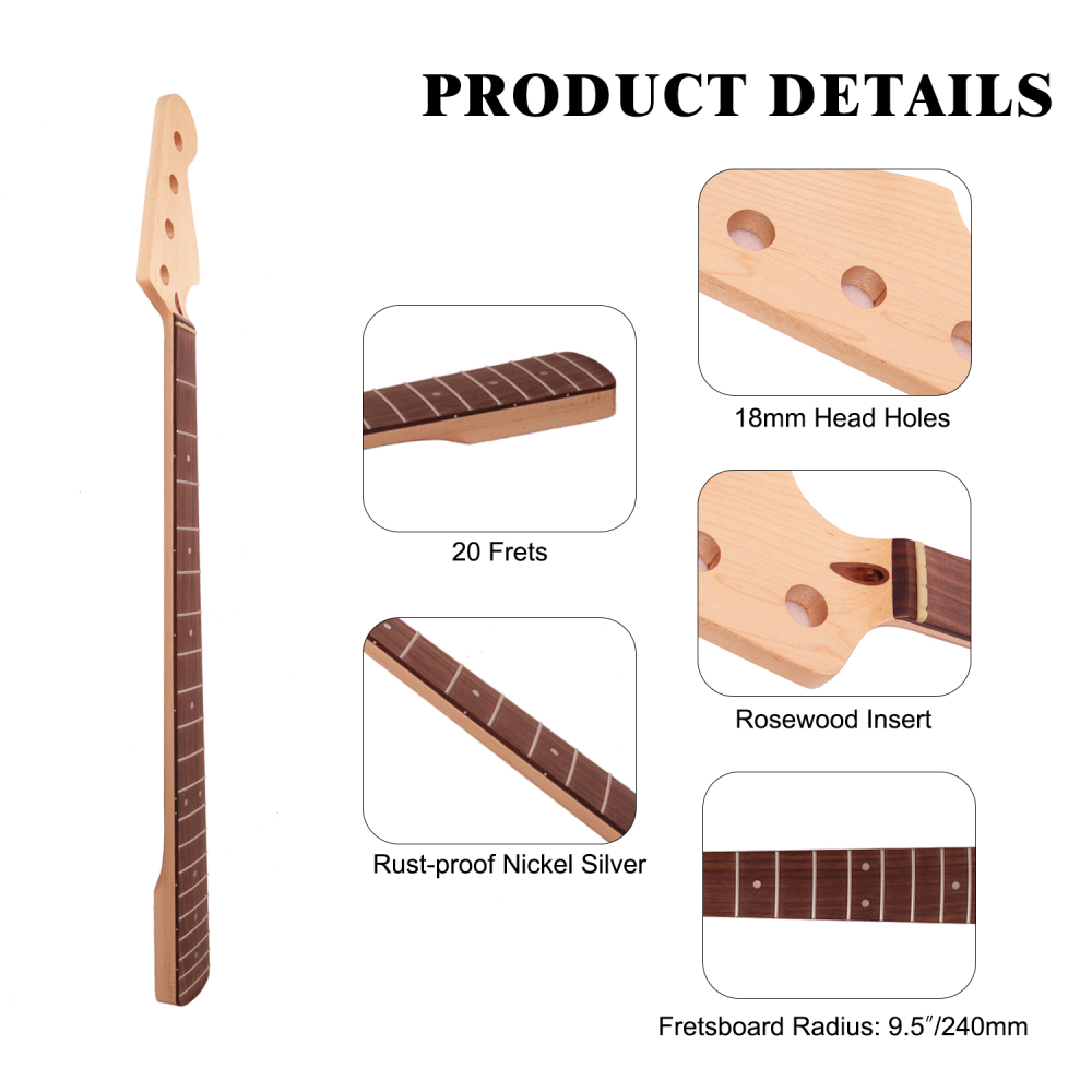 Premium 4 Strings Jazz Bass Guitar Neck Rosewood Fretboard Maple Neck 9.5" Radius 18 mm Holes 20 Frets Nature Satin Finish