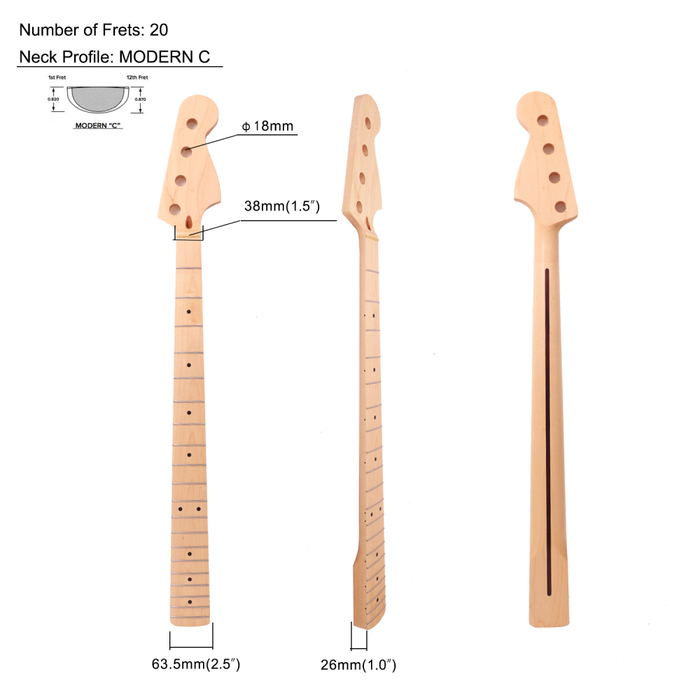 Premium 4 Strings Jazz Bass Guitar Neck Maple Neck 9.5" Radius 18 mm Holes 20 Frets Nature Satin Finish