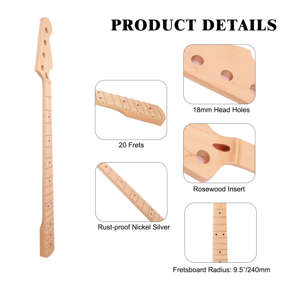 Premium 4 Strings Jazz Bass Guitar Neck Maple Neck 9.5" Radius 18 mm Holes 20 Frets Nature Satin Finish