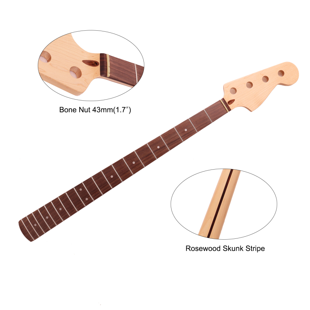 Premium 4 Strings Jazz Bass Guitar Neck Rosewood Fretboard Maple Neck 9.5" Radius 18 mm Holes 20 Frets Nature Satin Finish