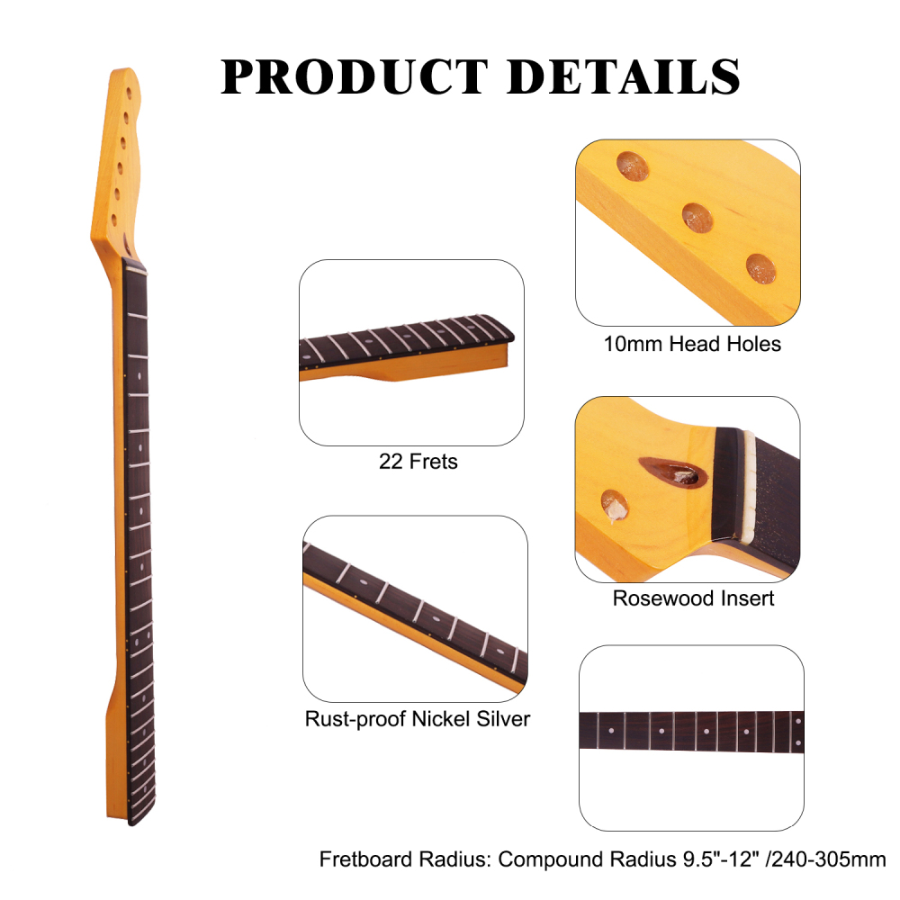 Premium Telecaster Guitar Neck Rosewood Fretboard Maple Neck Compound Radius 9.5"-12" 10 mm Holes 22 Frets Gloss Finish