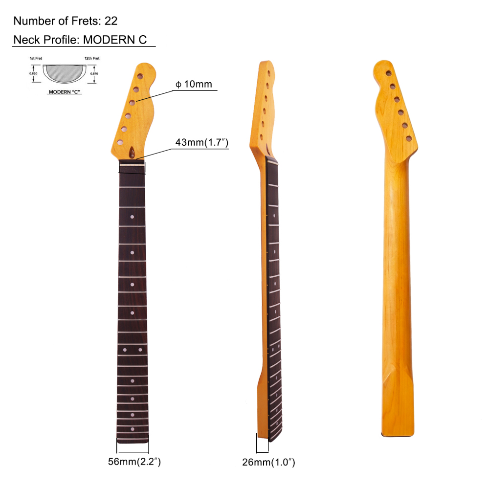 Premium Telecaster Guitar Neck Rosewood Fretboard Maple Neck Compound Radius 9.5"-12" 10 mm Holes 22 Frets Gloss Finish
