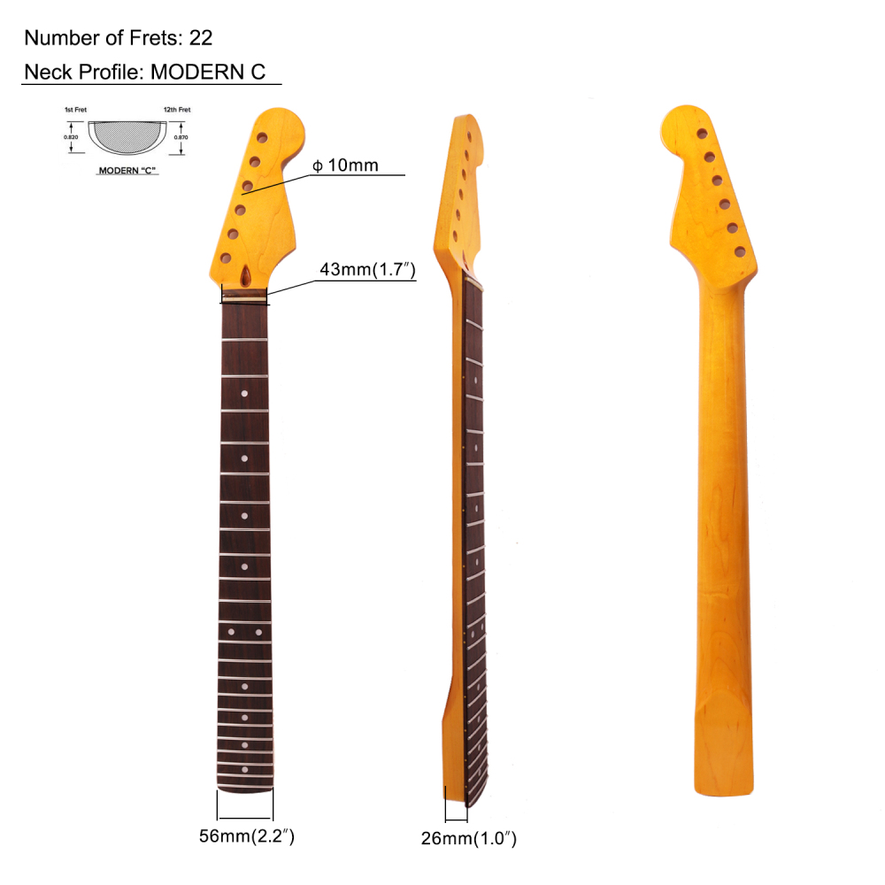 Premium Stratocaster Guitar Neck Rosewood Fretboard Maple Neck Compound Radius 9.5"-12" 10 mm Holes 22 Frets Gloss Finish