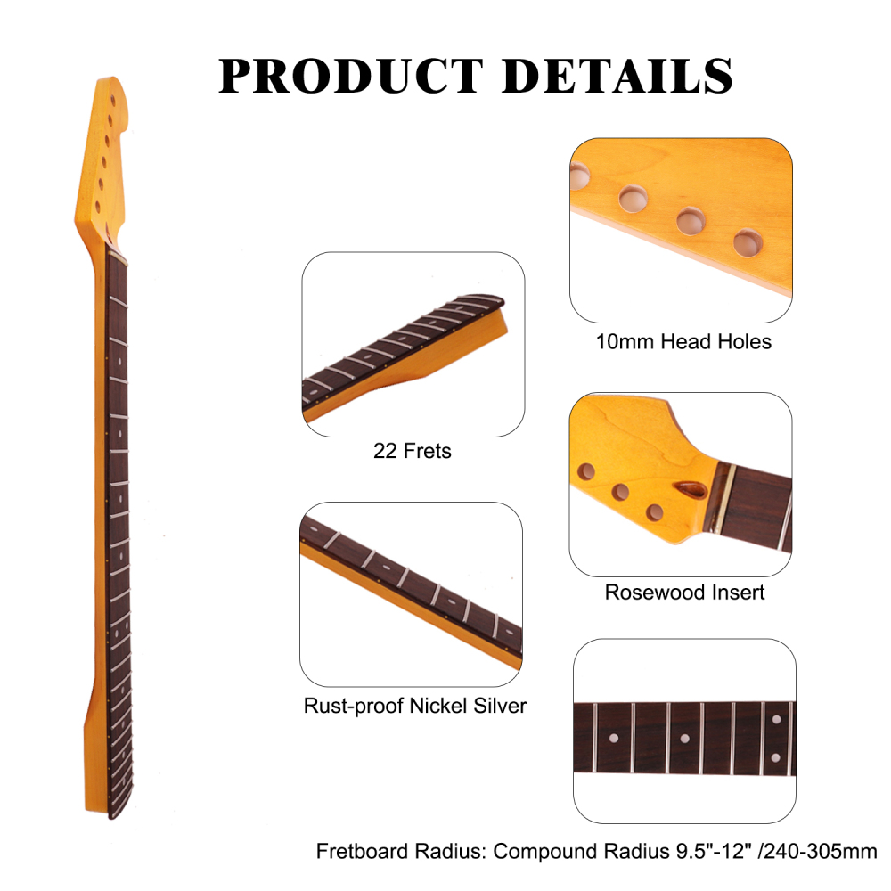 Premium Stratocaster Guitar Neck Rosewood Fretboard Maple Neck Compound Radius 9.5"-12" 10 mm Holes 22 Frets Gloss Finish