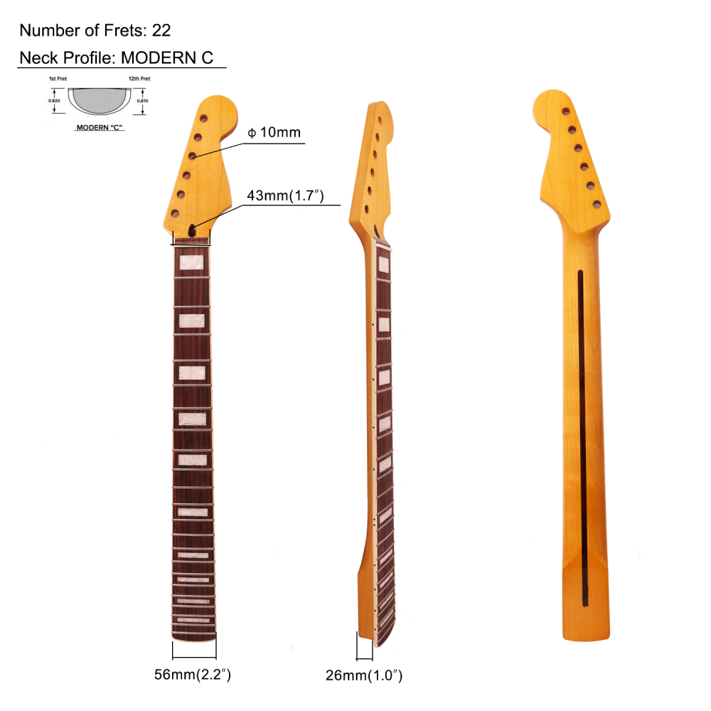 Stratocaster Guitar Neck Rosewood Fretboard Maple Neck 12" Radius 10 mm Holes 22 Frets Gloss Finish Acrylic Block Inlay