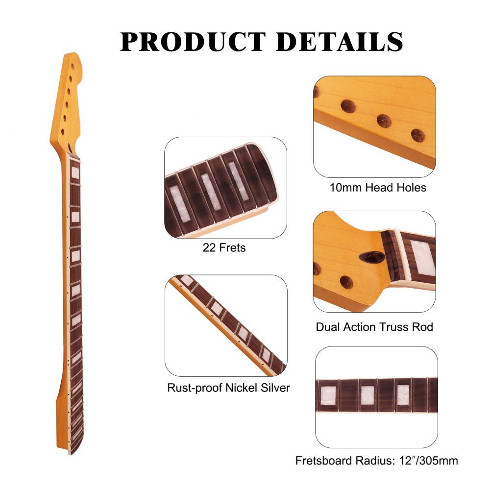 Stratocaster Guitar Neck Rosewood Fretboard Maple Neck 12" Radius 10 mm Holes 22 Frets Gloss Finish Acrylic Block Inlay