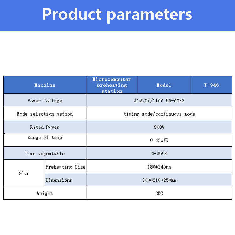 Preheat plate T-946 product parameter display