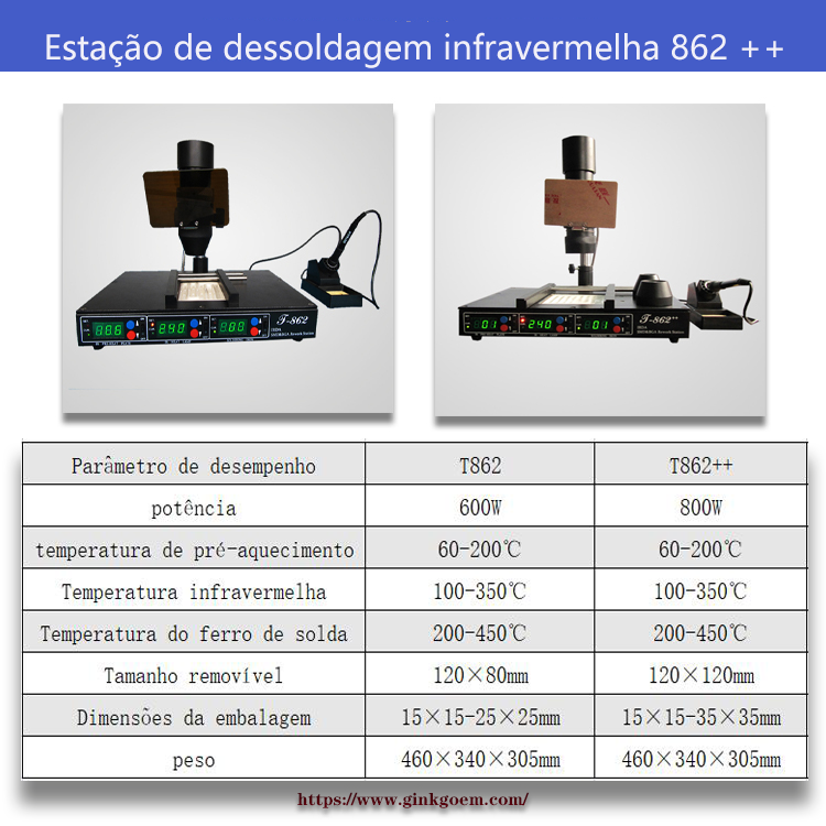 Comparação de parâmetros da estação de dessoldagem de infravermelho bga 862 e 862 ++