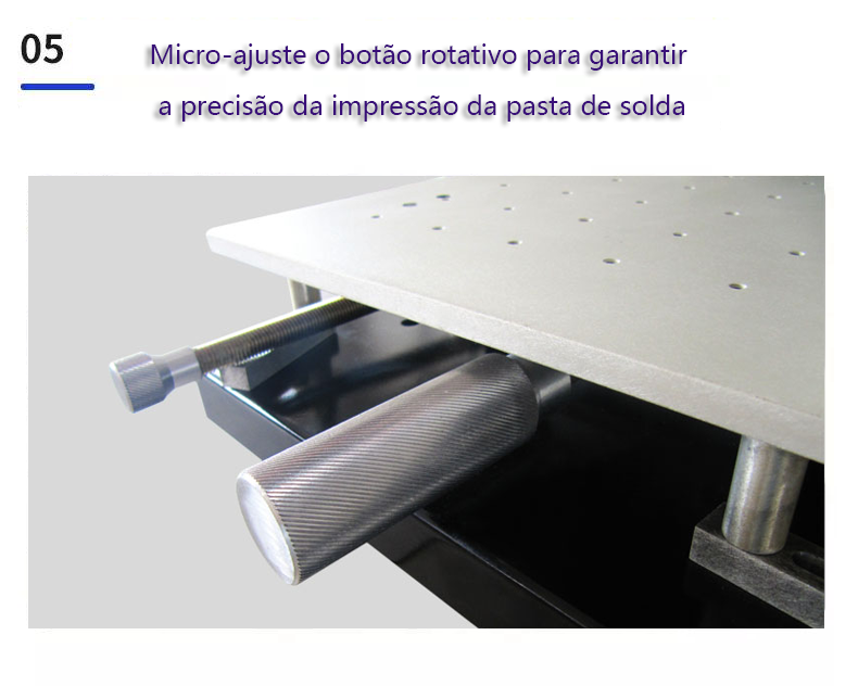 Os principais componentes da mesa de impressão, o botão de ajuste de precisão da mesa de trabalho