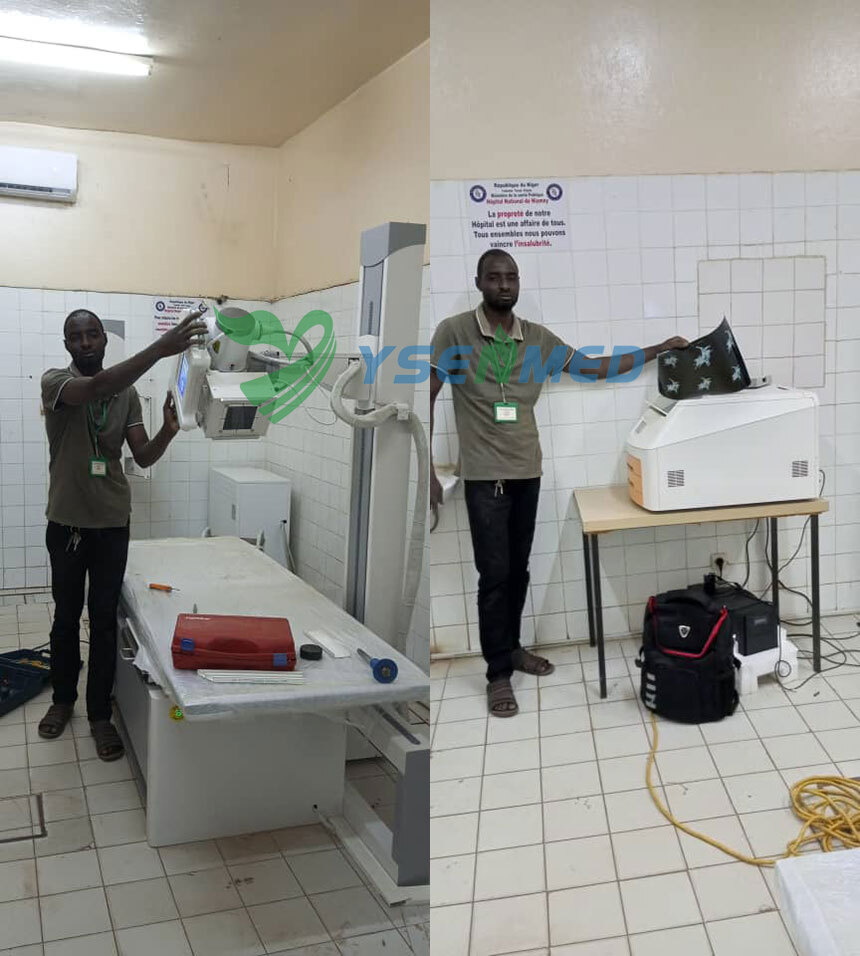O engenheiro está instalando o sistema de raios X digital YSENMED YSX500D 50kw 500ma em um hospital no Níger