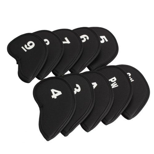 Pack of 10Pcs Golf Head Cover Club Iron Putter Head Protector Set Neoprene Black