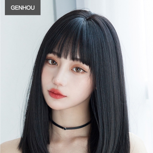 GENHOU Girls natural full head hooded black long wig