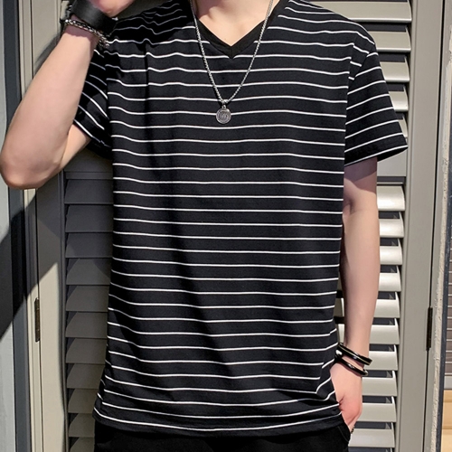 Bnyryse korean style striped V-neck half sleeve men's T-shirt