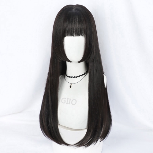 GIIO black long straight natural headgear style Wigs